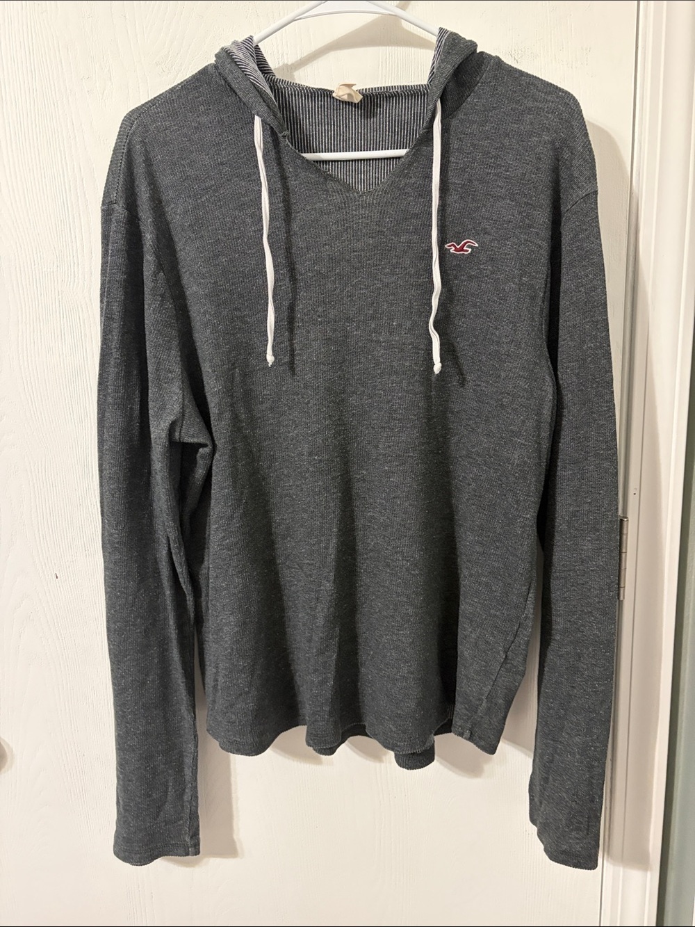 Hollister Men's Logo Gray Hooded Pullover Y2K Vintage Waffle Knit Size Large